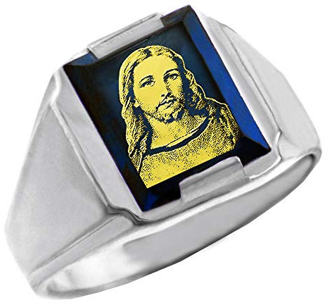 Little Treasures 925 Sterling Silver Blau Zirkonia Stein Jesus Christ Siegelring Herren Ring