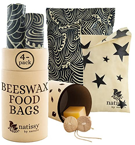 Wachspapier für Lebensmittel BEUTEL; 4er Set Bienenwachsbeutel; Bienenwachstücher Bio Baumwolle; wiederverwendbare Bienenwachs Sandwich BEUTEL; Bienenwachstücher für Brot Brotbeutel, Beeswax Wraps