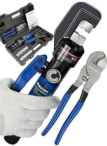 AMZCNC Hydraulic Crimping Tool and Cable Cutter Hydraulic Cable Lug Crimper 8 US TON 12 AWG to 00 (2/0) Electrical Terminal Cable Wire Tool Kit with 9 Die