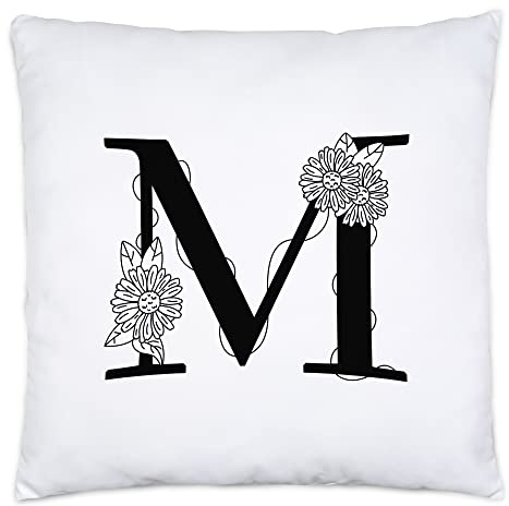 Hey!Print Buchstaben-Kissen M Kissen mit Buchstabe Alphabet Monogramm Blumen Geschenkidee Anfangsbuchstabe