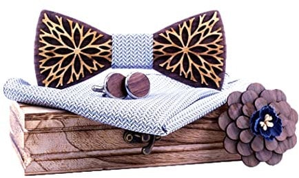 HZQIFEI Noeud Papillon Bois, Ensemble 4 Pièces Noeud Papillon en Bois + Boutons de manchette en Bois + Carré de Poche + Broche, pour Mariage Soirée Business (Style#08)