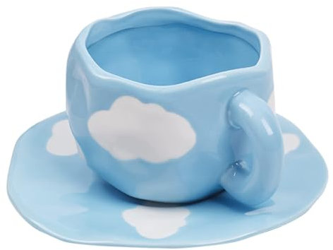 Koythin Ceramic Coffee Mug with Saucer Set, Cute Cloud Coffee Mug and Cup for Office and Home, Blue Sky and White Clouds Cups, 10 oz/300 ml for Latte Tea Milk