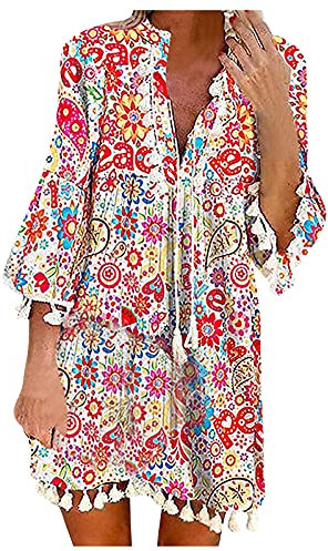 MICKURY weißes Kleid kurz sommerröcke Knielang Kleid mit Taschen figurbetontes Kleid unterröcke tüll Hochzeit nakd Kleider Kleid Langarm Abendkleider für Schwangere Kleid silberhochzeit(C-Rot,XXL)