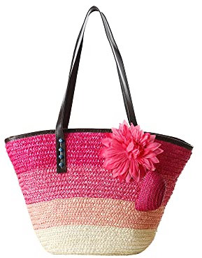 Hixingo Paille Tissé Sac À la Main, Sac de plage d'été en Paille Décontracté pour Femmes en Creux avec Bandoulière Tissée Sac Bandoulière Mode Sac Bandoulière Boho (Rose,45X30X23cm)