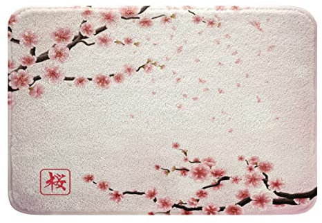 Loussiesd Kirsche Blütes Badteppiche Mädchenhaft Pale Rosa Blüte Petal Badezimmerteppich Badematte 50x80cm für Kinder Mädchen Frauen Wasserfarbe Blumen Japanischer Stil Badvorleger