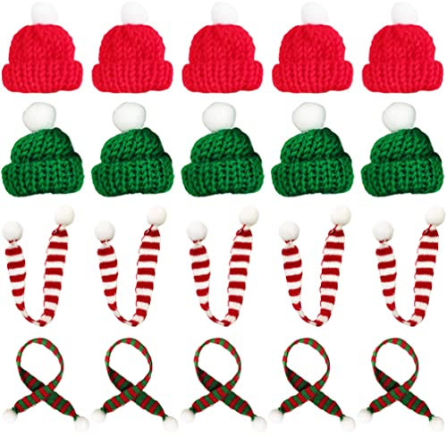 Gadpiparty Miniature Hat 20pcs Mini Santa Hat Knitted Scarf Christmas Wine Bottle Decorations Lollipop Candy Cover Cap Silverware Holder Doll Making Supplies for Xmas Party Favors Miniature Santa