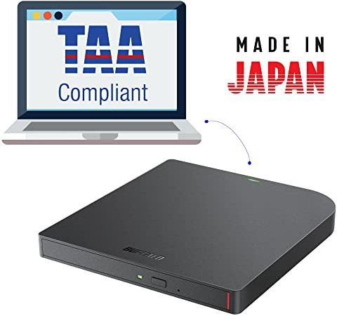 BUFFALO 6X bärbar Blu-ray-enhet, TAA-kompatibel, läs/skriva, spelar och bränner BD/DVD/CD, USB 3.2 (Gen 1) Typ-A/Typ-C, kompatibel med Mac/PC/Win 8/Win 10/Win 11/bärbar dator/stationär dator