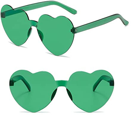 Ikosora Herz Brille, grünes Herz geformt randlose Sonnenbrille für Frauen, Kunststoff Party Herz Brille Neuheit Spaß Sonnenbrille Transparent Herz Zubehör für Valentin