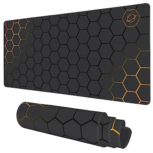 Desk Mat, Black Gold Honeycomb Technology Extended Gaming Mouse Pad Large, 35.4x15.7 Big Mouse Pad with Non-Slip Base and Stitched Edge, Long Computer Keyboard Mouse Mat for Home Office Work