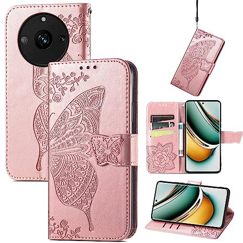JIUNINE Funda para Realme 11 Pro 5G, Antigolpes Carcasa Libro con Tapa en Cuero Flip Case Cover con Dibujos de Mariposa, Cierre Magnético, Cartera y Soporte para Realme 11 Pro Plus 5G, Oro Rosa