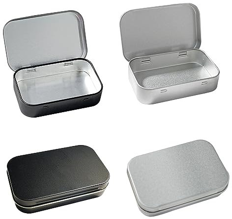 PEAKTOP 4PCS Metal Tins with Hinged Lids, Portable Rectangular Tins Box, Small Metal Tin Storage Containers, Silver and Black Metal Tin Storage with Lid for Pill, Candy, Coin, Key, Home Organizer