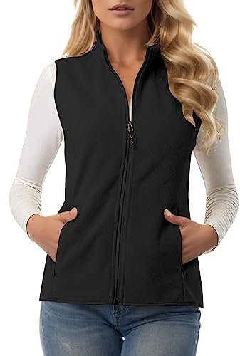 Gilet in pile da donna, per autunno e inverno, caldo, senza maniche, leggero, casual, con colletto alto, con chiusura lampo, tinta unita, da donna, Nero , XL