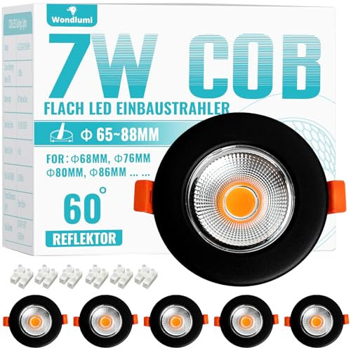 Wondlumi 6er Einbaustrahler LED Flach 7W Set LED Spots 230V Schwarz Matt Rund Deckenspots 4000K Neutralweiß 600LM Einbauleuchten 68mm für Schlafzimmer