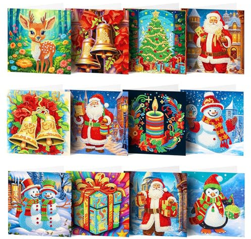 HNLMZ Weihnachtskarte Strass Handwerk Grußkarte,12 Stücke Weihnachten Karten DIY Diamant Painting,Handgefertigte Weihnachten Grußkarten,DIY-Diamant-Gemälde Weihnachtskarten