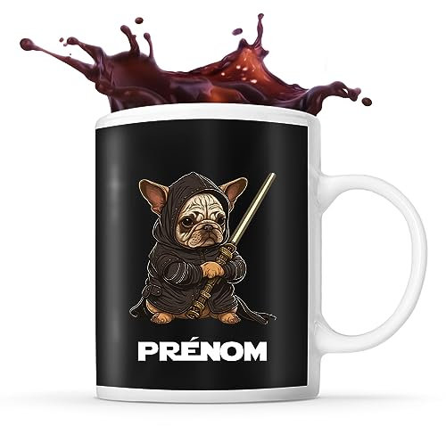Tasse Bouledogue Français avec sabre laser Prénom Nom Personnalisable | Mug Café Thé Idée Cadeau Personnalisé Homme Femme Original pour propriétaire de chien