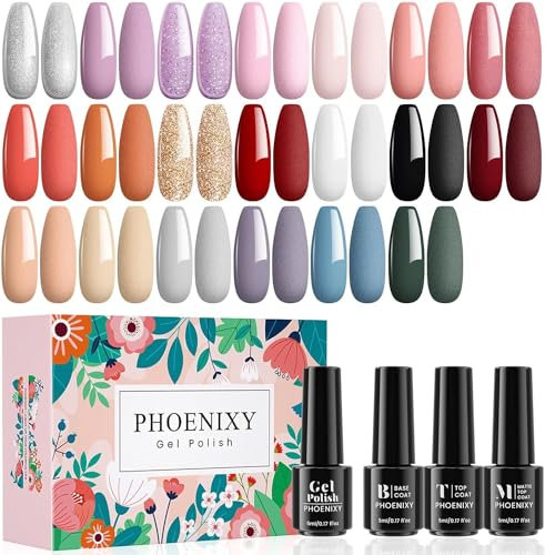 Phoenixy UV Nagellack Set, 23 Stück Gel Nägellack Gel Farblack mit Unterlack, Glänzender & Matte Überlack, 20 Farbgel Schellack Nagellack UV Gel Set für Nagel Design