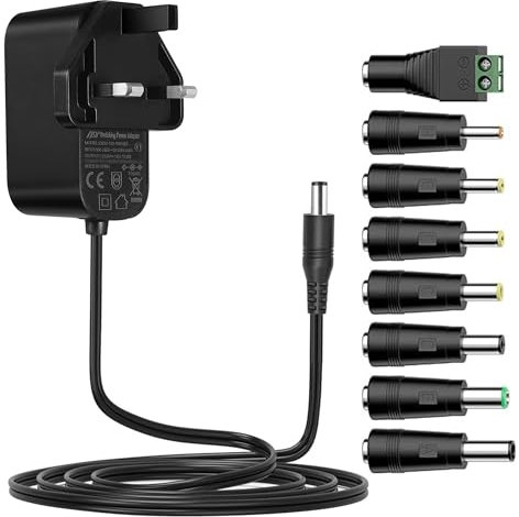 Tonton 12V DC Power Supply Adapter 3M(10ft),1A 12W AC/DC Adapter Cord, Power Plug DC 5.5x2.1mm Male with 8 Tips for LED Strip Light, CCTV Camera, BT Speaker, GPS, Webcam, Router, UL/CE/FCC Certified