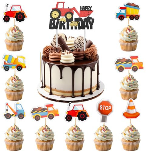 ENLACE Bagger Tortendeko Baustelle,13 Stück Bagger Kuchen Deko,Happy Birthday Tortendeko Kindergeburtstag,Baufahrzeug Cupcake Topper,Traktor Cake Topper Geburtstag für Mädchen/Junge