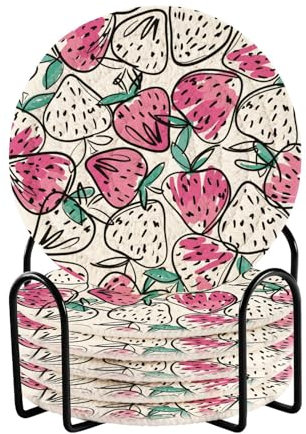 Rosa Erdbeer-Untersetzer für Getränke, saugfähiges Set mit Halter, 6 Stück, saugfähige Tischuntersetzer, Tischuntersetzer, Tischplattenschutz