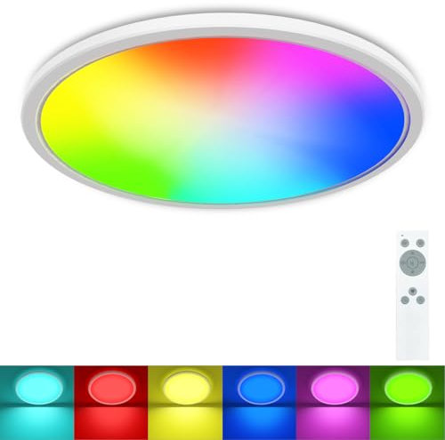 zemty LED Deckenleuchte Dimmbar, 24W 3200LM RGB Deckenlampe Farbwechsel, 4000K Badezimmer Lampe mit Fernbedienung, Wasserfest Rund Flach Badlampe Decke für Schlafzimmer Wohnzimmer Küche Bad