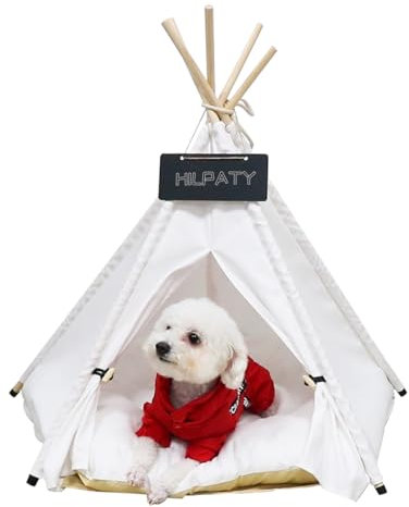 Baumwolle indische Haustiere Tipi Zelt Portable Hundehäuser Katzenbetten Spielhaus mit Matte Kissen (M, Weiß)