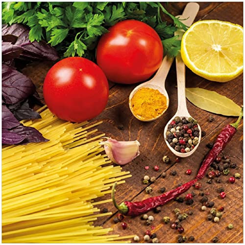 Wallario Glasbild Italienisches Menü mit Spaghetti, Tomaten, Basilikum und Gewürzen - 30 x 30 cm Wandbilder Glas in Premium-Qualität: Brillante Farben, freischwebende Optik