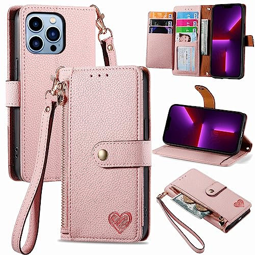 VEEMOS Zipper Wallet Case for Apple iPhone 13 Pro Max Phone Case with Purse Card Holders RFID Blocking Leather Flip Case Book Cover Wrist Strap Women - Pink