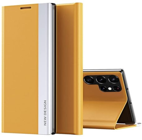 MOHDHAF- Schutzhülle for Samsung Galaxy S24 Ultra S24 Plus S24 Plattiertes Leder Schützende Flip Handyhülle Magnetverschluss Kickstand Hülle(Yellow,S24 Plus)