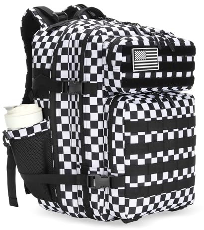 Lovelinks21 Taktisches Sturmgepäck, 45 l, 3-Tages-Militärgepäck mit Molle, wasserdichter Rucksack für taktische Rucksäcke, Schwarz und Weiß kariert, Large, Rucksack