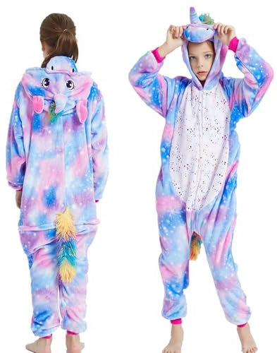 SOETDERT Kinder Einhorn Schlafstrampler, Kostüm Onesie Jumpsuit mit Kapuze, Einhorn Kostüm Overall, Mädchen Jumpsuit Schlafanzug, Tier Kostüm Onesie Kinder Karneval Faschings Cosplay, 120