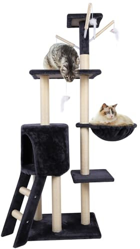 HHENGYISOUL Cat Tree Tower - 138 cm Tall Activity Center With Condo and Hammock for Indoor Cats - Multi-Level, Dark Grey