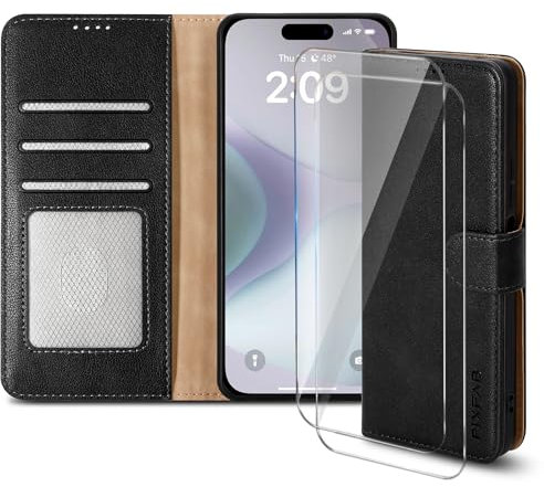 PIXFAB Case for iPhone 16 Plus with 2 x Screen Protector Tempered Glass, Leather Wallet Phone Case, Magnetic Book Flip Folio Cover [RFID Protection & Card Slots] and [Kickstand] - Black