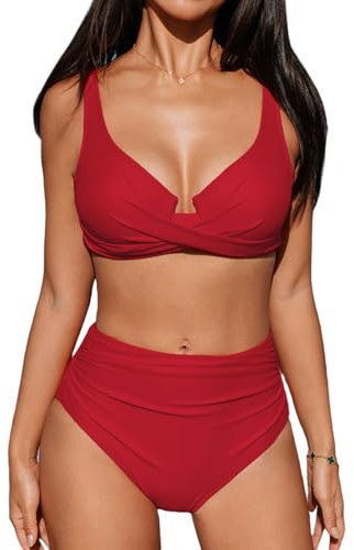 CUPSHE Maillot de bain deux pièces pour femme - Effet cache-cœur - Push Up - Taille haute, Rouge uni., S