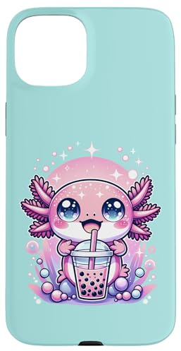 Cute Kawaii Axolotl drinking Boba Tea Anime Case for iPhone 15 Plus