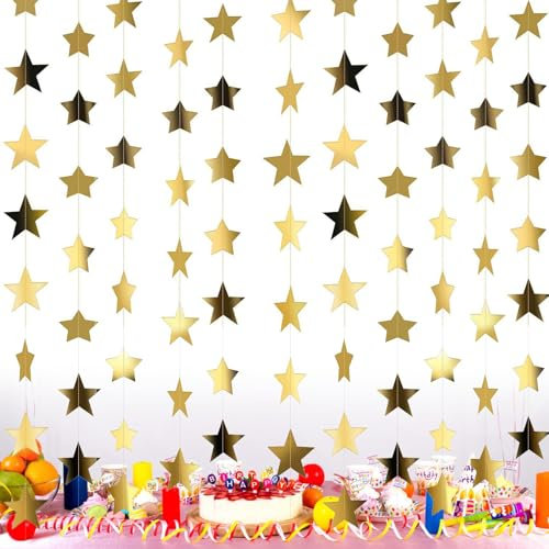52 Feet Sparkling Star Bunting Banner Hanging Decoration,Glitter Star Garland Streamer Kit,Twinkle Little Stars Party Garlands,Reflective Stars Paper Garland For home gathering,wedding(Gold)