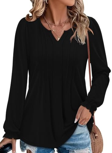 KISSMODA Fall Tops for Ladies Puff Long Sleeve V Neck Blouses Shirts Business Casual Outfits Loose Fit Dressy Work Tunic Tops Black