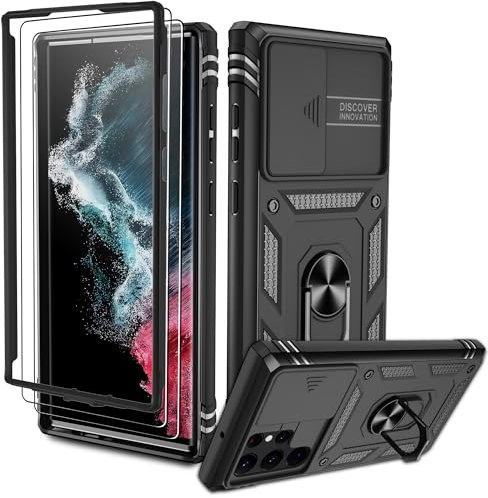 Pilaru für Samsung Galaxy S22 Ultra Hülle,S22 Ultra 5G Kameraschutz Handyhülle mit 2 Stück Schutzfolie,360°Drehhalter Ring Schutzhülle Militär Kratzfest Stoßfest Handy Hüllen für S22 Ultra,Schwarz