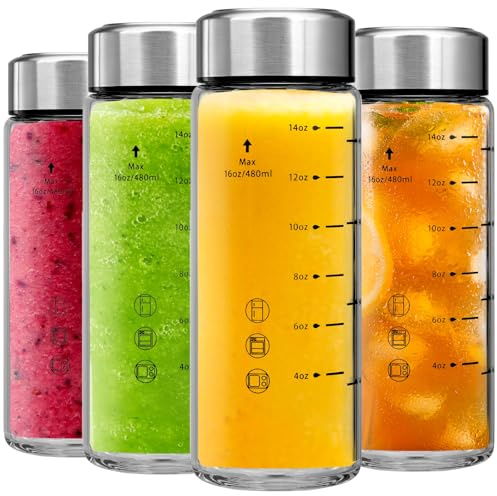 Lot de 4 bouteilles d'eau en verre borosilicate à large goulot avec couvercles, pour jus de fruits, smoothies, eau infusée, stockage des boissons, étanches, réutilisables, sans BPA