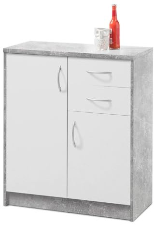 Home4You Kommode Highboard Mehrzweckschrank | Dekor | Betonoptik | Weiß | 2 Türen | 2 Schubladen