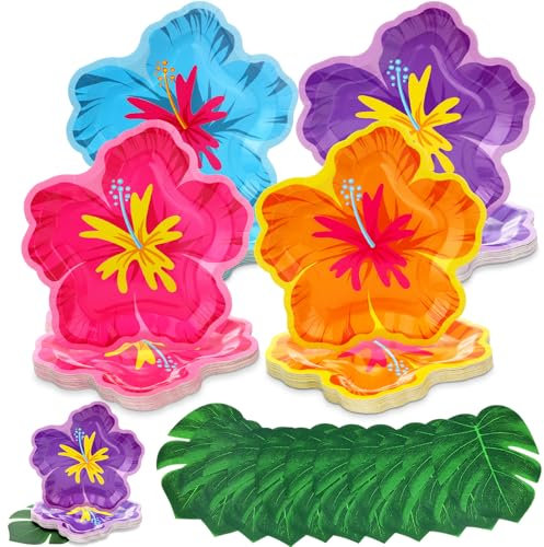 Motipuns 200 Pcs Hibiscus Floral Paper Plates Bulk and Artificial Palm Leaves Hibiscus Flowers Disposable Paper Plates Tropical Leaf Placemat Summer Hawaiian Luau Safari Party Supplies Decoration