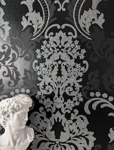 NEWROOM Papier peint Noir Ornements Intissé - D'époque Argent Paillettes Classique