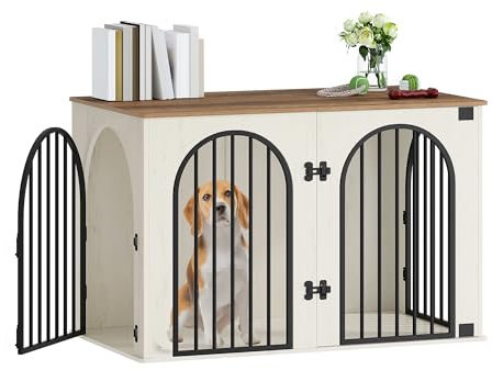 Hzuaneri 108cm Cage pour Chiens, Table d’Appoint, Niche Moderne pour Chiens Intérieur, Cage Chien de Taille Moyenne, Maisonnette pour Animaux, 3 Portes, Porte arquée, 108 x 64 x 76 cm, Blanc et Marron