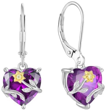 JO WISDOM Damen Hängende Ohrringe Sonnenblume Herz Silber 925 mit 3A Zirkonia Kristall Februar Geburtsstein Amethyst Farbe,Schmuck für Frauen