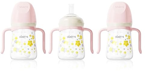 Oberni Toddler Sippy Cup, Weighted Straw Baby Drinking Water Bottle with Valved Spout for 6+ Months, 300ml/Pink/3Pack