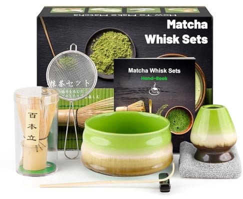 kurkip 7 Pieces Japanese Matcha Ceremony Kit, Natural Bamboo Matcha Beater, Matcha Bowl, Bamboo Scoop, Strainer, Tea Towel, Whisk Holder, Complete Matcha Set, Green
