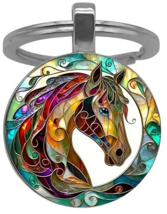 Porte-clés, bijou de sac cabochon tête de cheval multicolore.