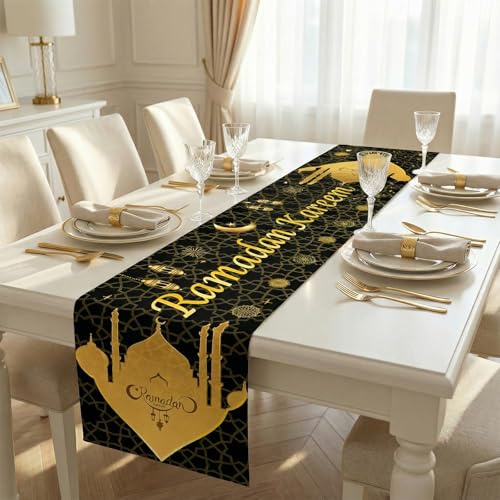 Ramadan Tischläufer, Seutgjie Ramadan Deko Tisch Schwarz Gold Islam Muslim Dekor 180 × 35 cm