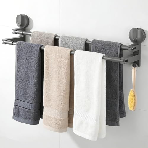 Wensdr Portasciugamani a ventosa con 2 ganci per montaggio a parete regolabile doppio portasciugamani vuoto portasciugamani senza foratura, pratico per bagno e cucina, grigio scuro