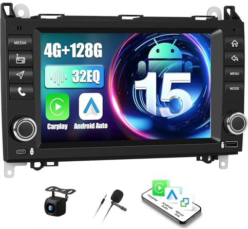 4+128G Android 15 Car Radio for Mercedes Benz B200 W245 W169 Viano Vito Sprinter Wireless CarPlay Android Auto Sat Bluetooth5.0, 7 Inch Touchscreen Type-C USB FM/RDS WiFi SWC+Reverse Camera