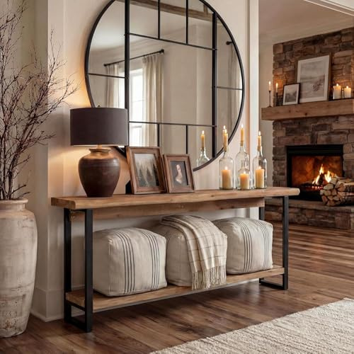 TRIBEWOOD Massivholz Konsolentisch, 160cm Extra Langer Konsolentisch, 2 Stufiger Schmaler Bauernhaus Wohnzimmertisch für Eingangsbereich, Flur, Foyer, Rustikales Braun
